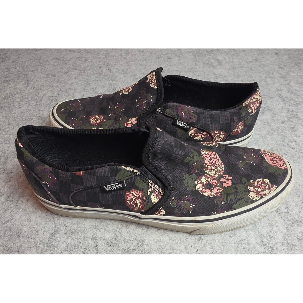 Vans Classic Slip-On Black Checkerboard Floral Rose Pink Sneakers Womens 9.5